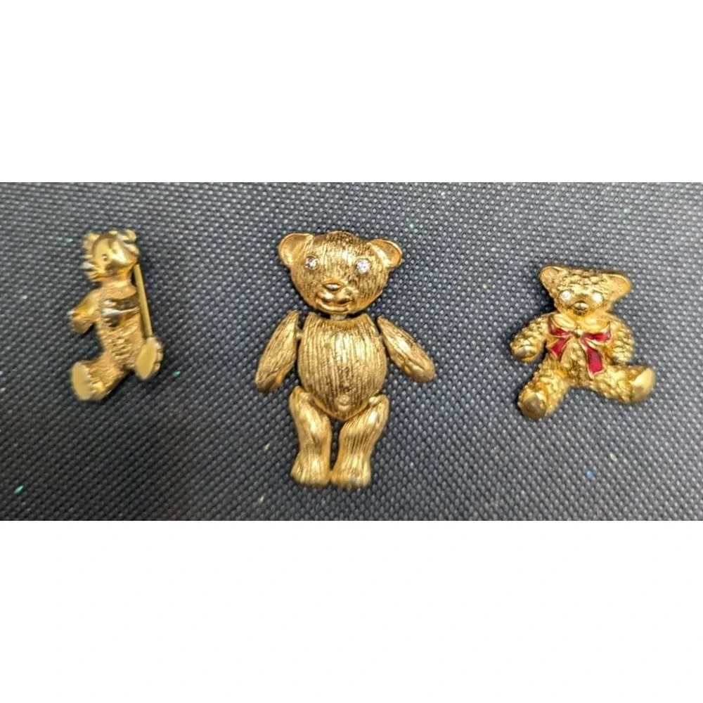 Gold Tone Teddy Bear Brooch Pin Lot Of 3 With Rhinestone Eyes Articulated Design